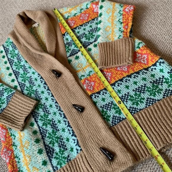 ILLA ILLA cardigan button front abstract motif Shawl neck pockets women’s Sz M/L - Picture 7 of 9